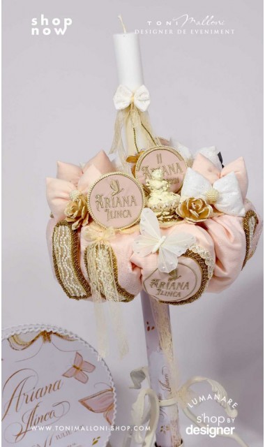 Lumanare botez cu fluturi si broderie personalizata gold 3